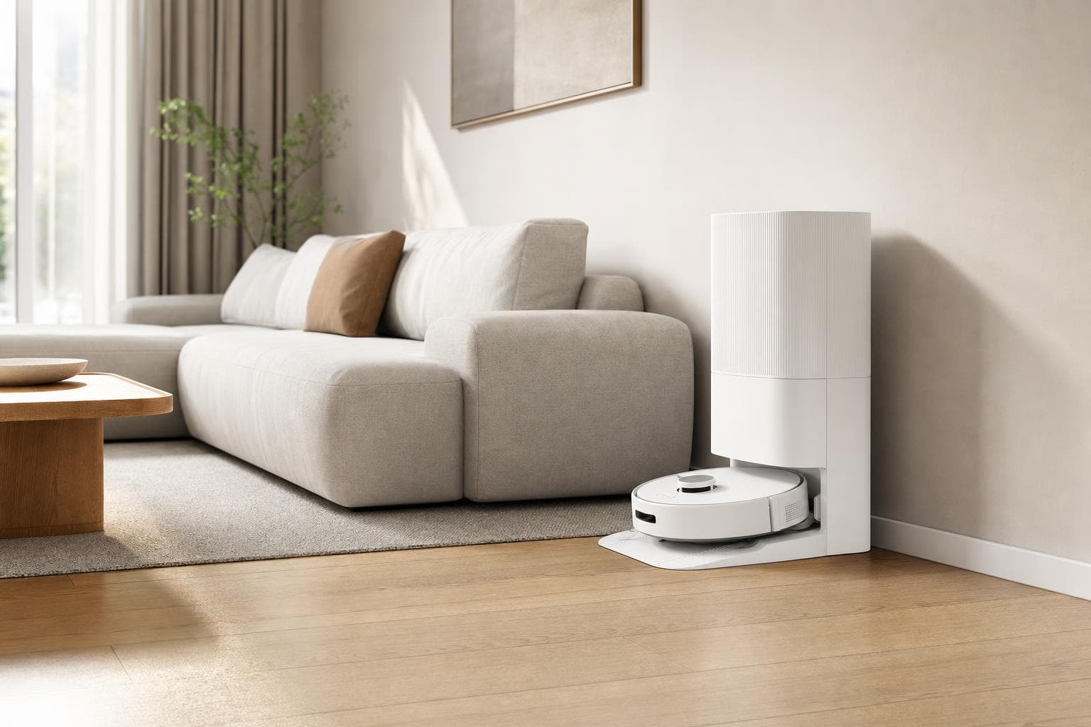 Stația all-in-one cu robotul andocat, lângă canapea, într-un living modern